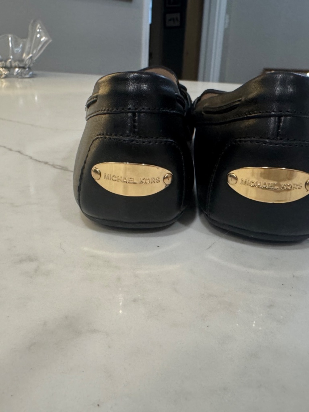 Michael Kors Black Leather Loafers Size 8 | Gold Detail Slip-On Flats - Picture 3 of 4